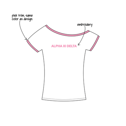 Emory & Henry College x Alpha Xi Delta 'spring set' Blaine Off-the-Shoulder Baby Tee